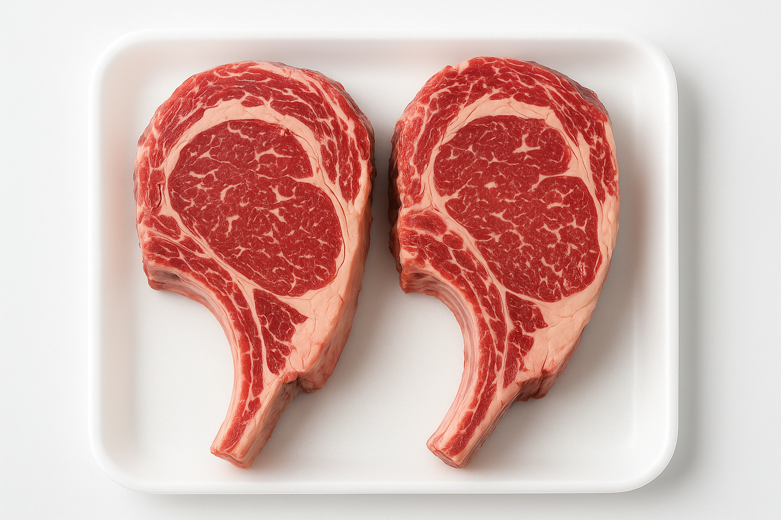 High-quality product photo of 2 bone-in ribeye steaks, approximately 16 oz each, arranged neatly on a clean white tray. Rich marbling and visible bone highlight tenderness and premium quality. Well-lit, sharp focus, professional e-commerce style suitable for Shopify product listing, with no text on the image.

⸻

