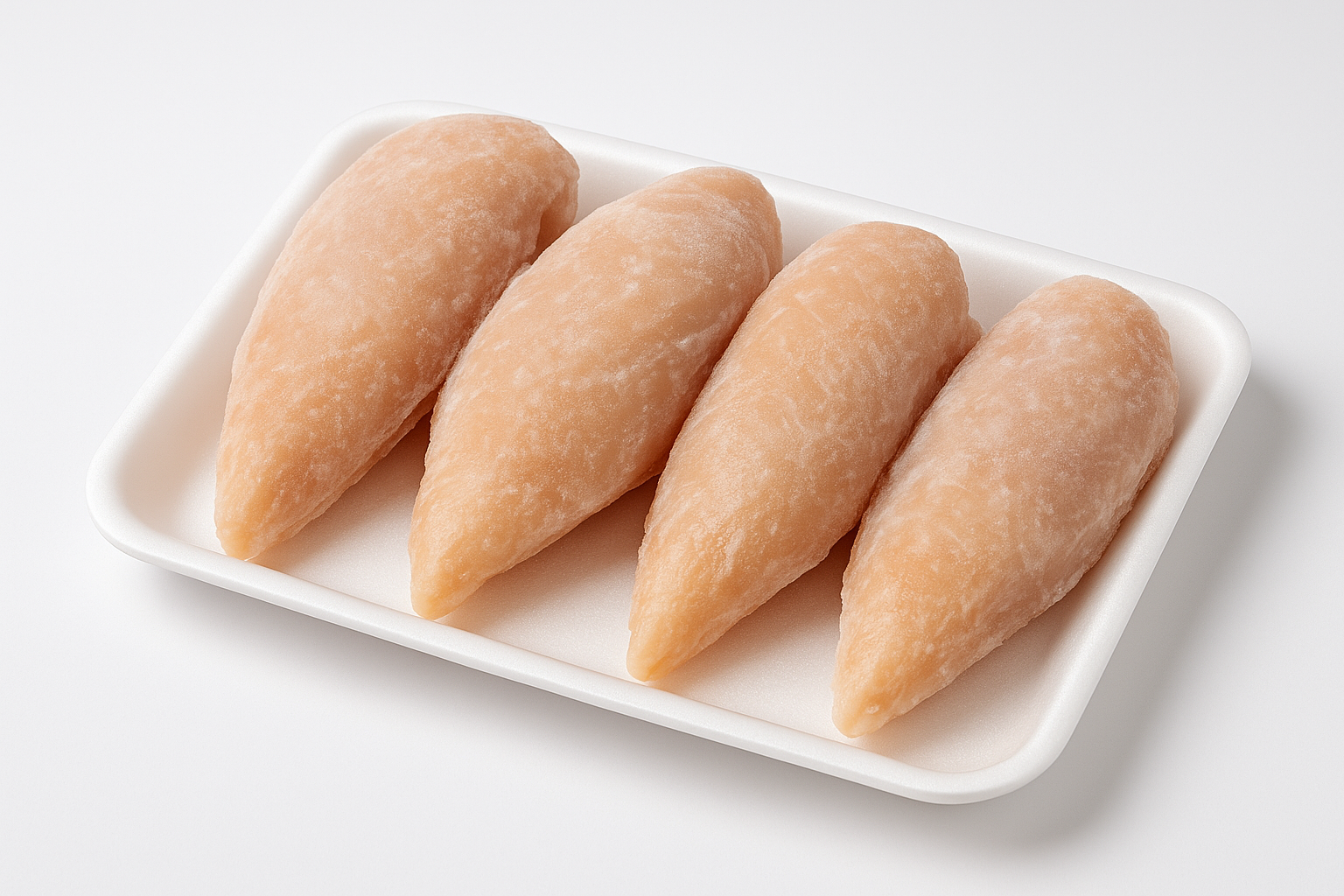 High-quality product photo of 3–5 all-natural chicken breasts on a clean white tray, frozen and unseasoned. Professional e-commerce style, well-lit, sharp focus, no text, product only in spotlight, suitable for Shopify product listing.