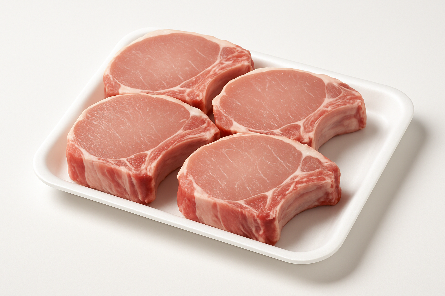 High-quality product photo of 3–5 bone-in pork chops on a clean white tray. Raw, uncooked, thick-cut, professional e-commerce style, well-lit, sharp focus, no text, product only in spotlight, suitable for Shopify product listing.