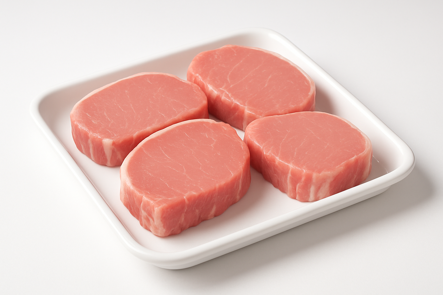 High-quality product photo of 3–5 boneless pork chops on a clean white tray. Raw, uncooked, professional e-commerce style, well-lit, sharp focus, no text, product only in spotlight, suitable for Shopify product listing.