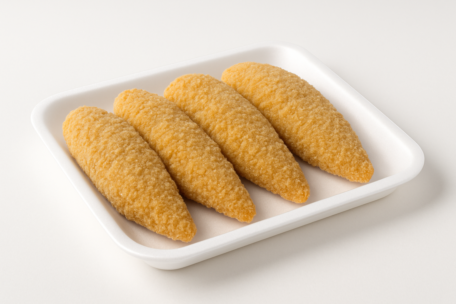 High-quality product photo of 3–5 breaded chicken breast fillets on a clean white tray, frozen and uncooked. Professional e-commerce style, well-lit, sharp focus, no text, product only in spotlight, suitable for Shopify product listing.
