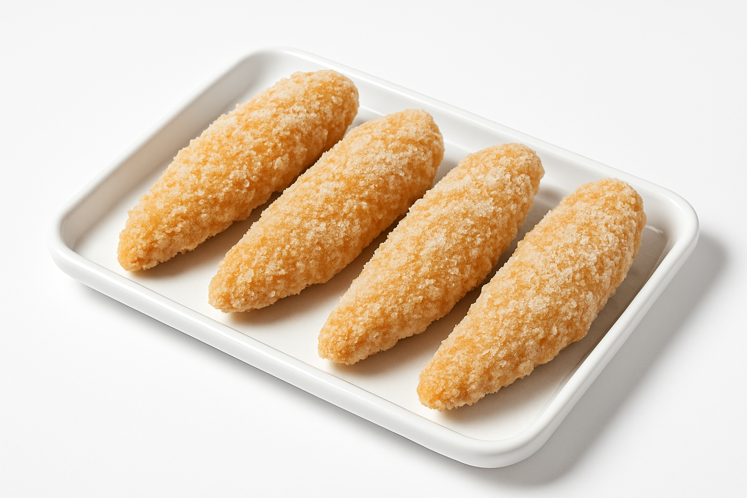 High-quality product photo of 3–5 chicken tenderloin fritters on a clean white tray, frozen and breaded. Professional e-commerce style, well-lit, sharp focus, no text, product only in spotlight, suitable for Shopify product listing.