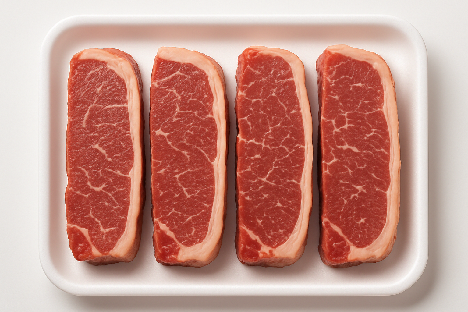 High-quality product photo of 4 boneless beef strip loin steaks, approximately 12 oz each, arranged neatly on a clean white tray. Center-cut with visible marbling, showcasing tenderness and premium quality. Well-lit, sharp focus, professional e-commerce style suitable for Shopify product listing, with no text on the image.