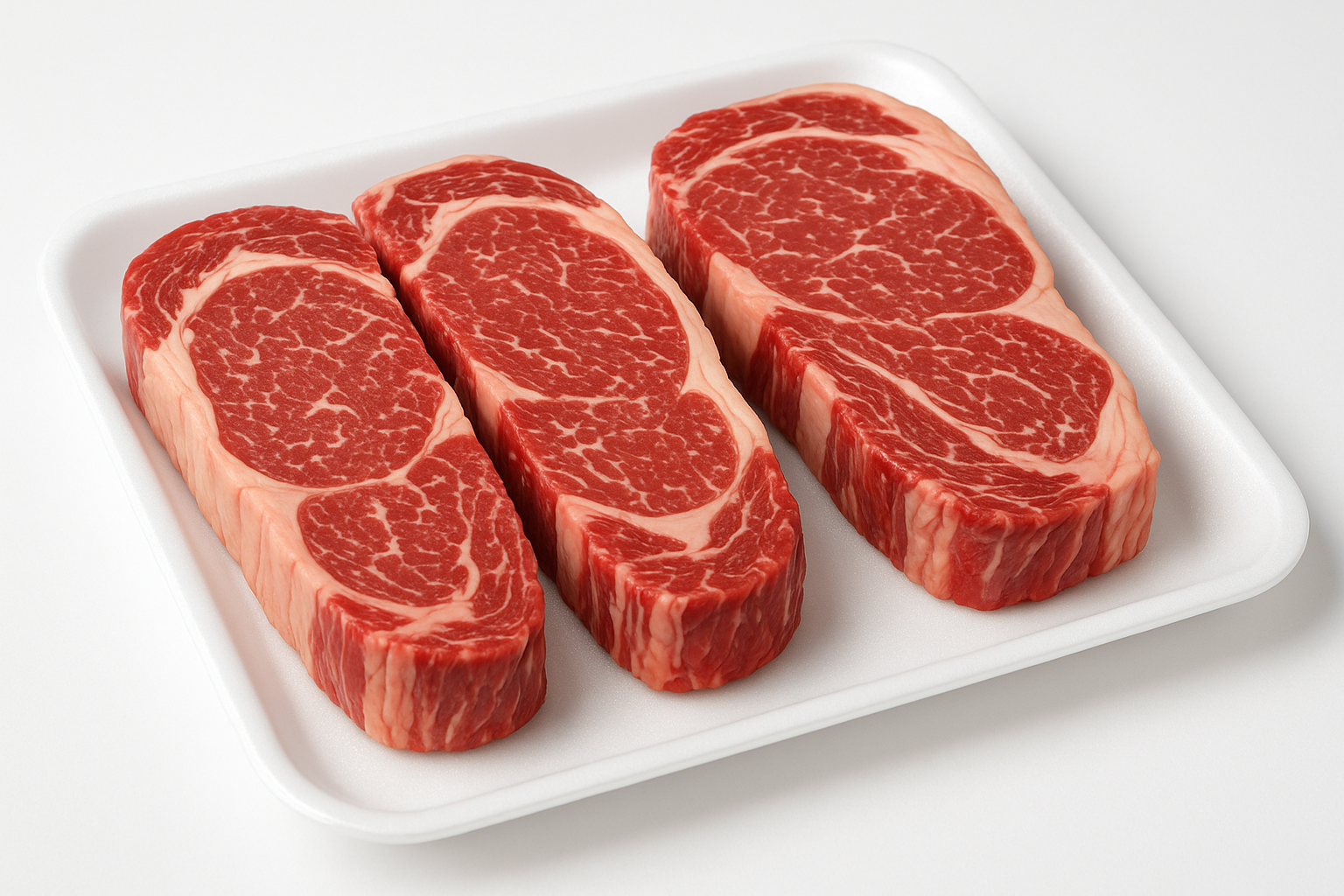 High-quality product photo of 4 boneless center-cut beef ribeye steaks, each approximately 1 inch thick, arranged neatly on a clean white tray. Rich marbling is visible on each steak, highlighting their tenderness and flavor. Well-lit, sharp focus, professional e-commerce style suitable for Shopify product listing, with no text on the image.