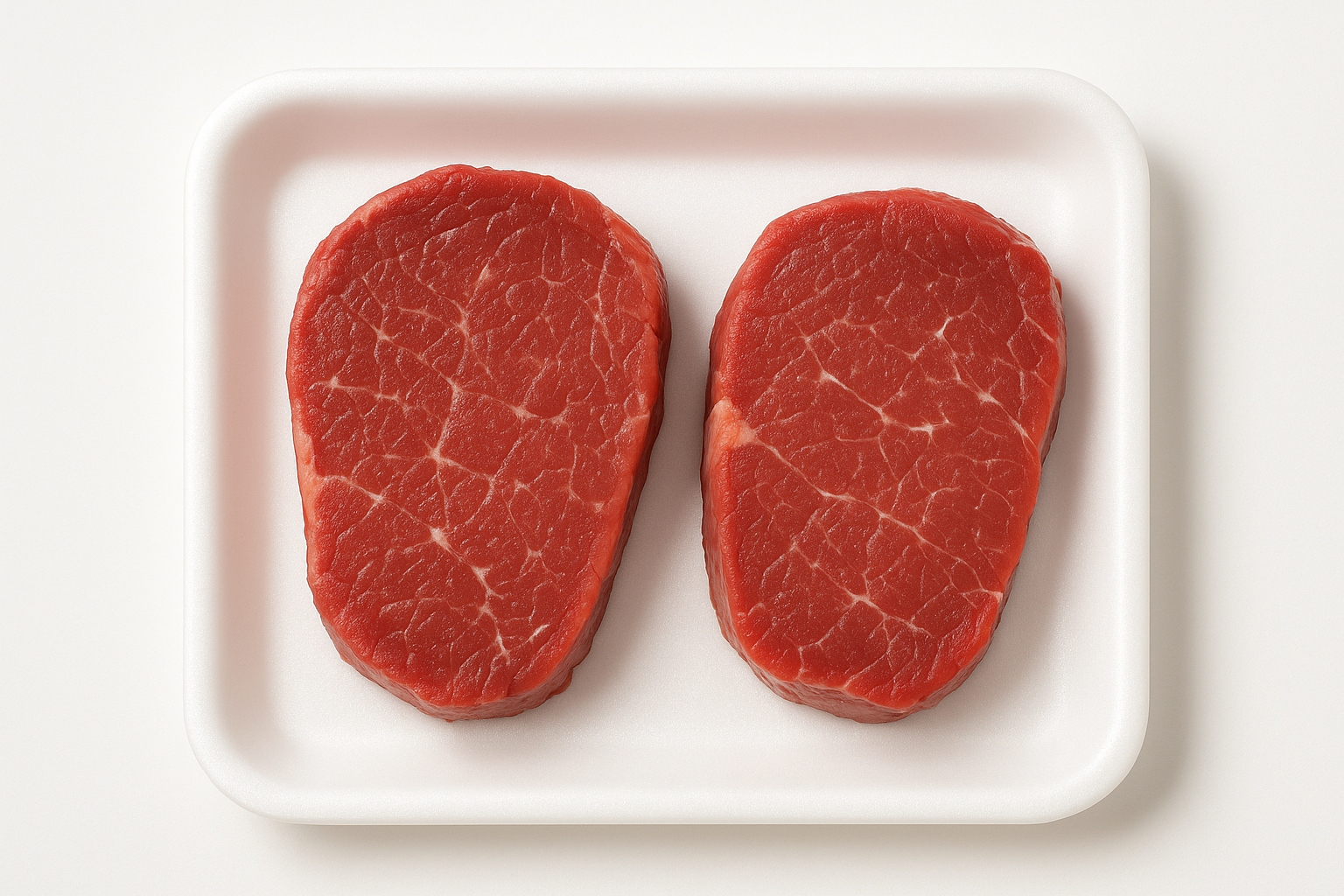 High-quality product photo of two boneless center-cut top sirloin steaks, approximately 5 oz, neatly arranged on a clean white tray. steak is hand-trimmed with visible marbling, showcasing tenderness and premium quality. Well-lit, sharp focus, professional e-commerce style suitable for Shopify product listing, with no text on the image.